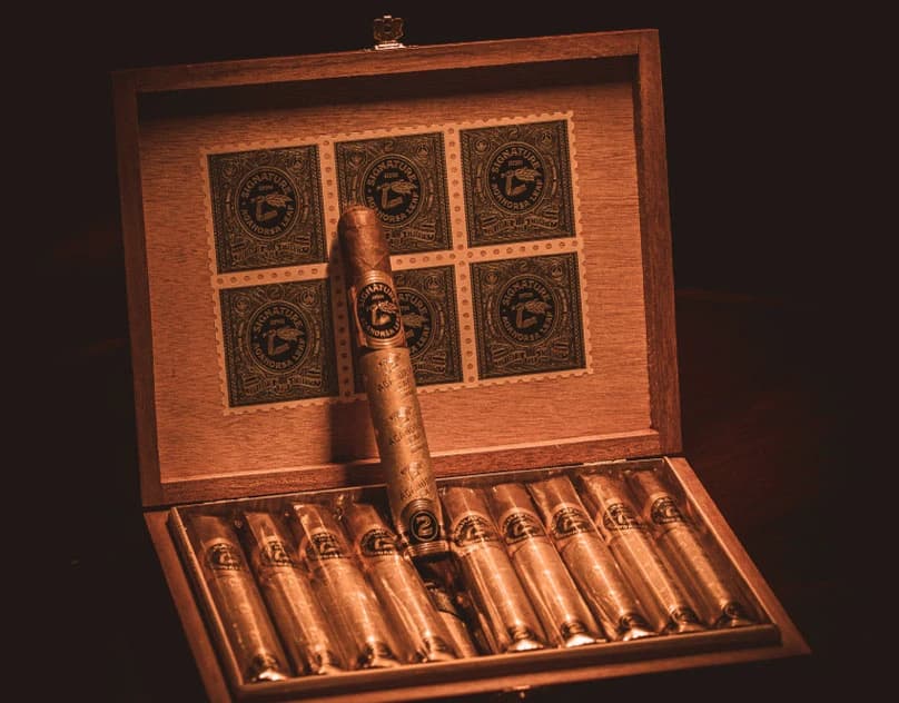 Still-life study of a cigar, smoke, and material