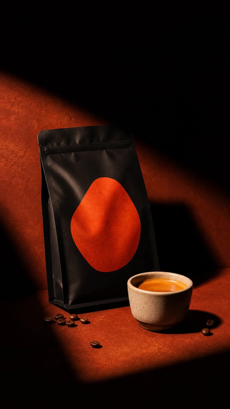 Concept still life of a specialty coffee bag and espresso cup